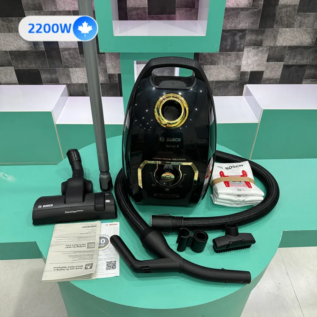 خرید جاروبرقی بوش BGL8GOLD سری 8 با موتور 2200 وات، کیسه 5 لیتری، فیلتر HEPA، سیستم QuattroPower و شعاع عملکرد 15 متر.
